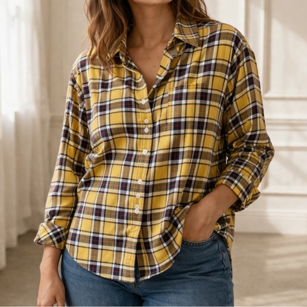 Frank & Eileen Yellow Plaid Relaxed Fit Cotton Flannel Button Down Shirt